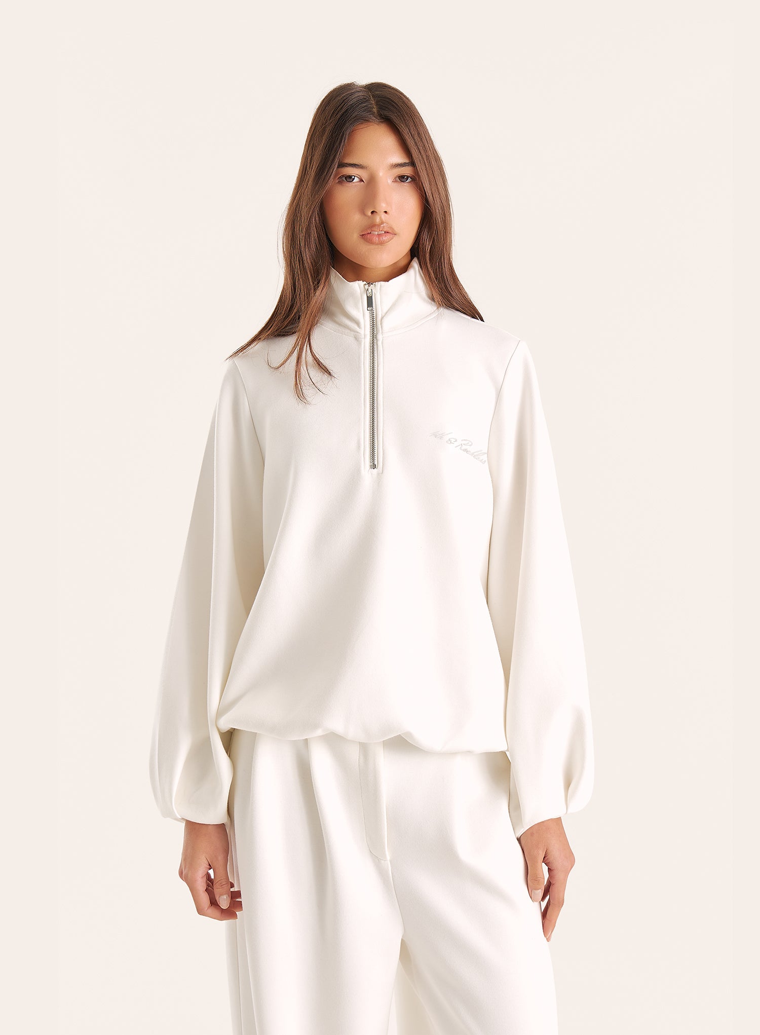 Cream Funnel Neck Quarter Zip Sweatshirt